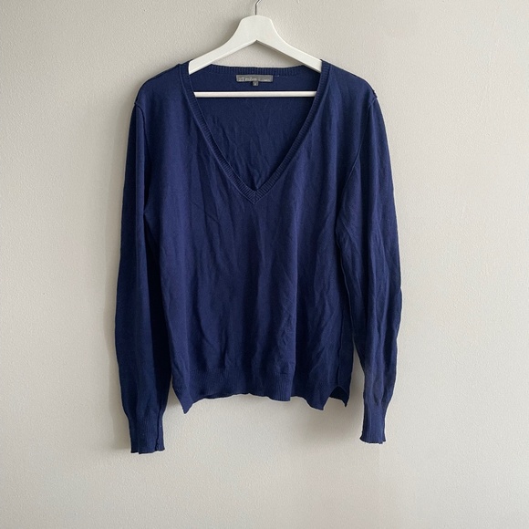 27 Miles Malibu Navy V-Neck Sweater cashmere wool cotton genuine leather M